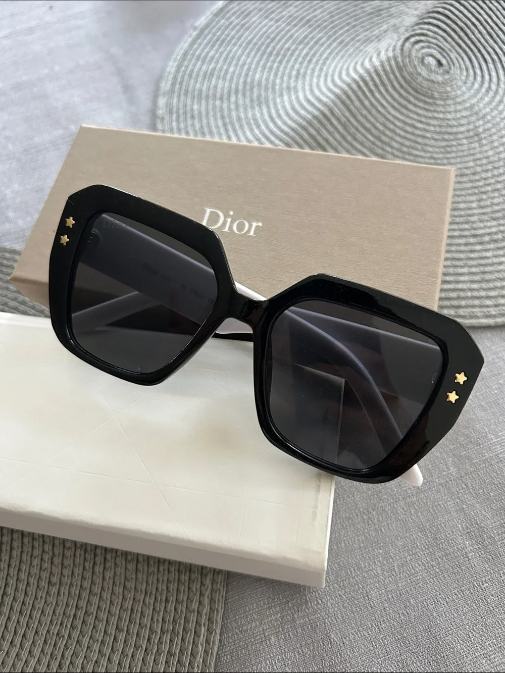 Dior Black Oversized Hexagonal Sunglasses with Gold Star Accents